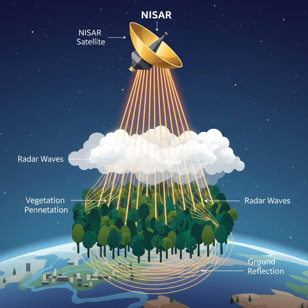 Diagrama conceitual mostrando como o Radar de Abertura Sintética (SAR) do NISAR penetra nuvens e vegetação, revelando detalhes da superfície terrestre. Esta tecnologia permite monitoramento contínuo, independente das condições climáticas.