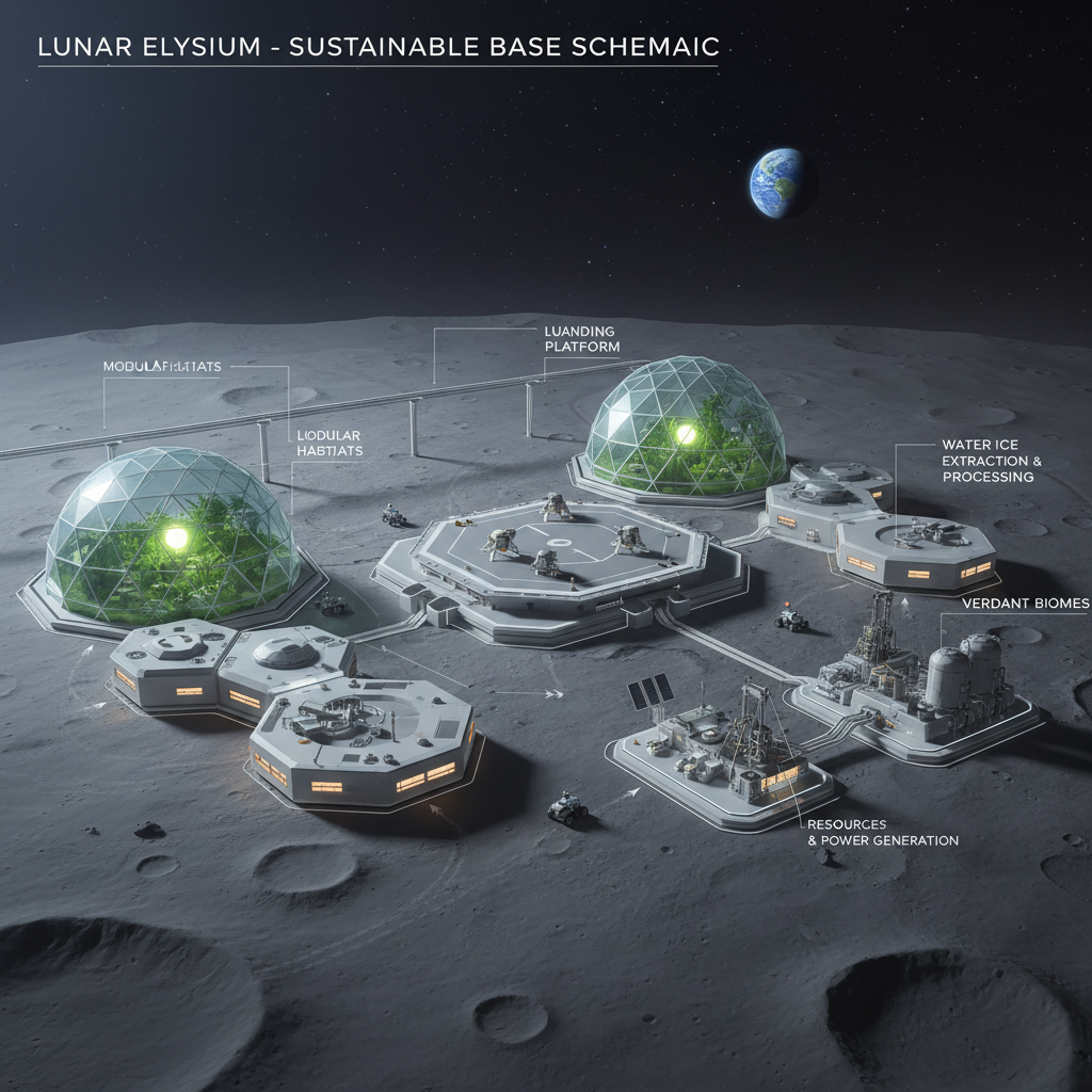 Representação esquemática de uma futura base lunar, ilustrando a visão de uma presença humana sustentável e autossuficiente na Lua, essencial para a exploração do espaço profundo.
