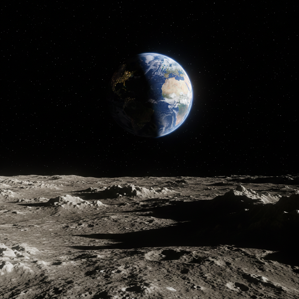 A Terra, um oásis azul e branco, emerge sobre o horizonte lunar, uma visão que inspira a humanidade a transcender seus limites e alcançar novos horizontes cósmicos.