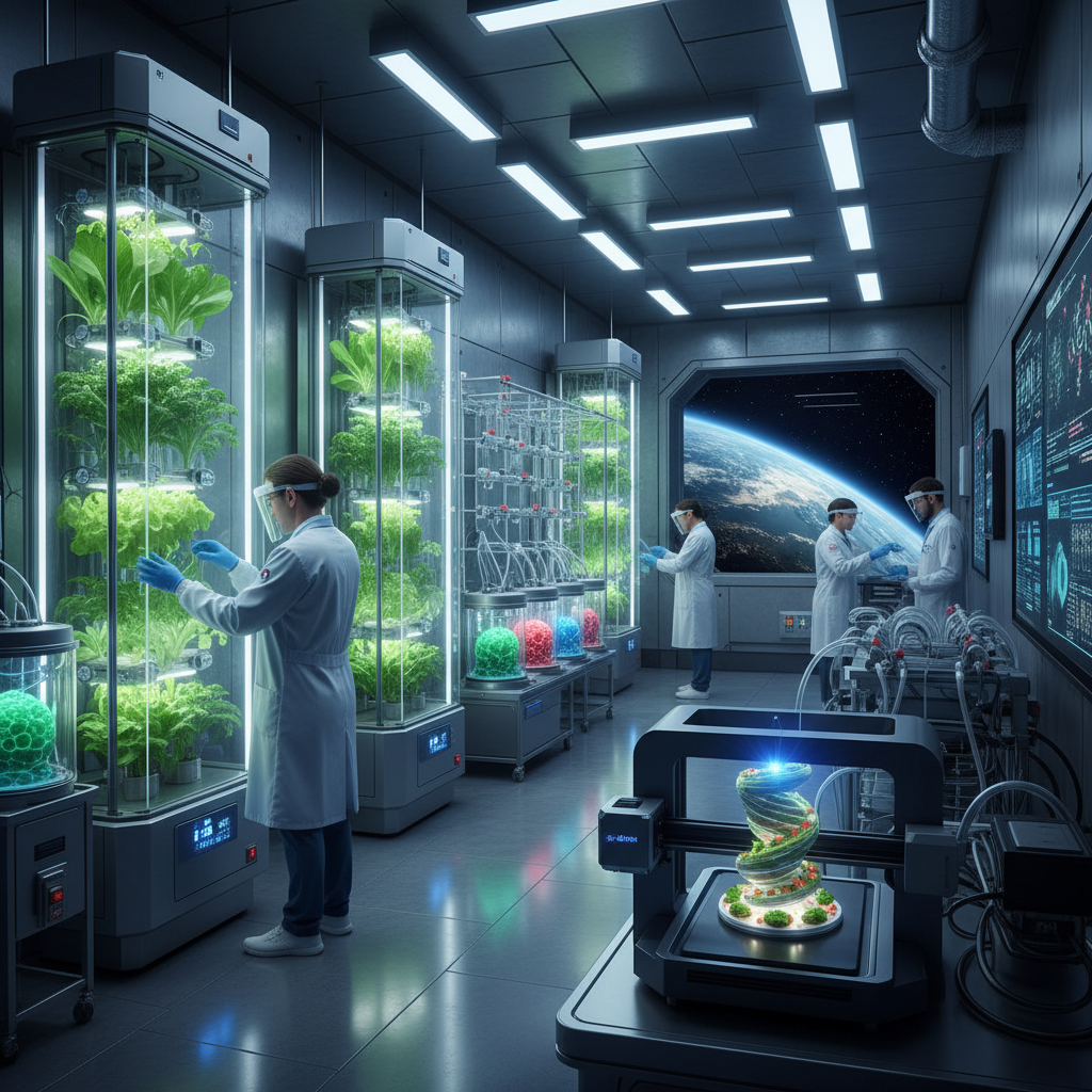No coração de um laboratório de pesquisa, cientistas desenvolvem sistemas avançados de cultivo hidropônico, aeropônico e biossíntese para garantir a alimentação autônoma em missões espaciais de longa duração.