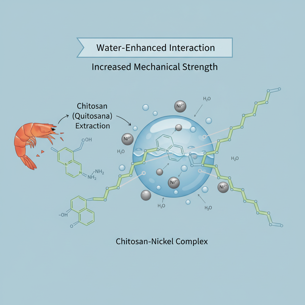 Diagrama esquemático detalha a estrutura da quitosana, um polímero de cascas de camarão, e sua interação com o níquel, explicando como a combinação forma um biomaterial de resistência superior.