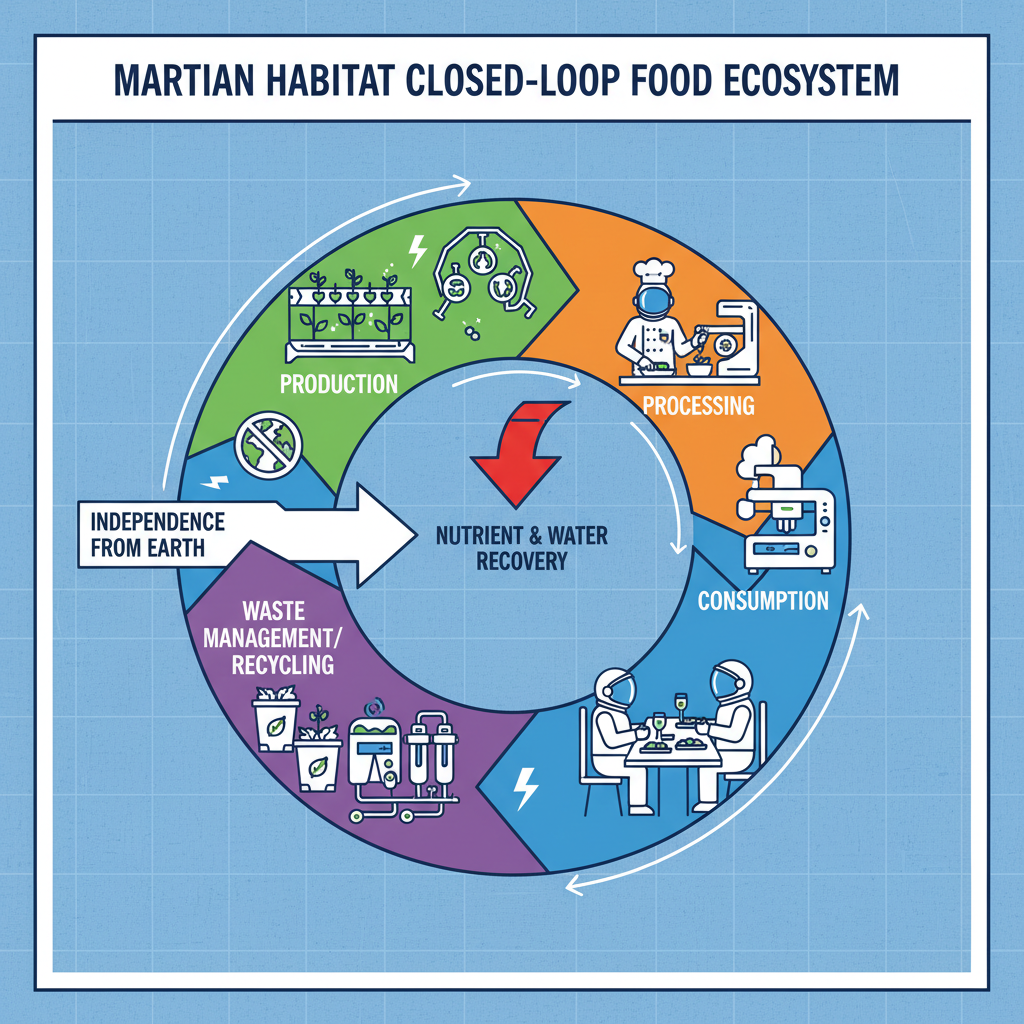 Um diagrama esquemático ilustra o ecossistema alimentar autossustentável para Marte, integrando produção, processamento, consumo e reciclagem para maximizar a eficiência e minimizar o desperdício.