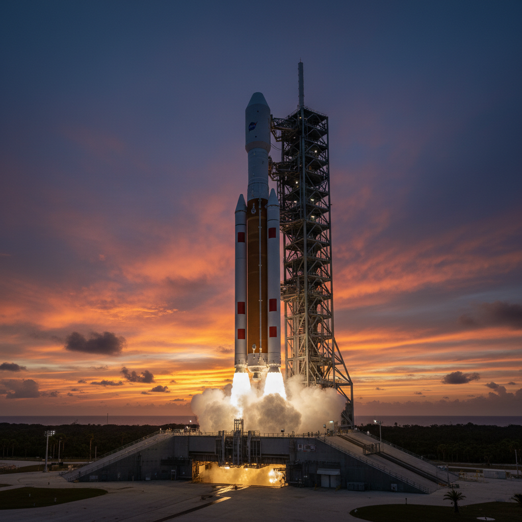 O colossal foguete Space Launch System (SLS) e a cápsula Orion na plataforma de lançamento do Kennedy Space Center, Flórida, pronto para impulsionar a humanidade de volta à Lua.