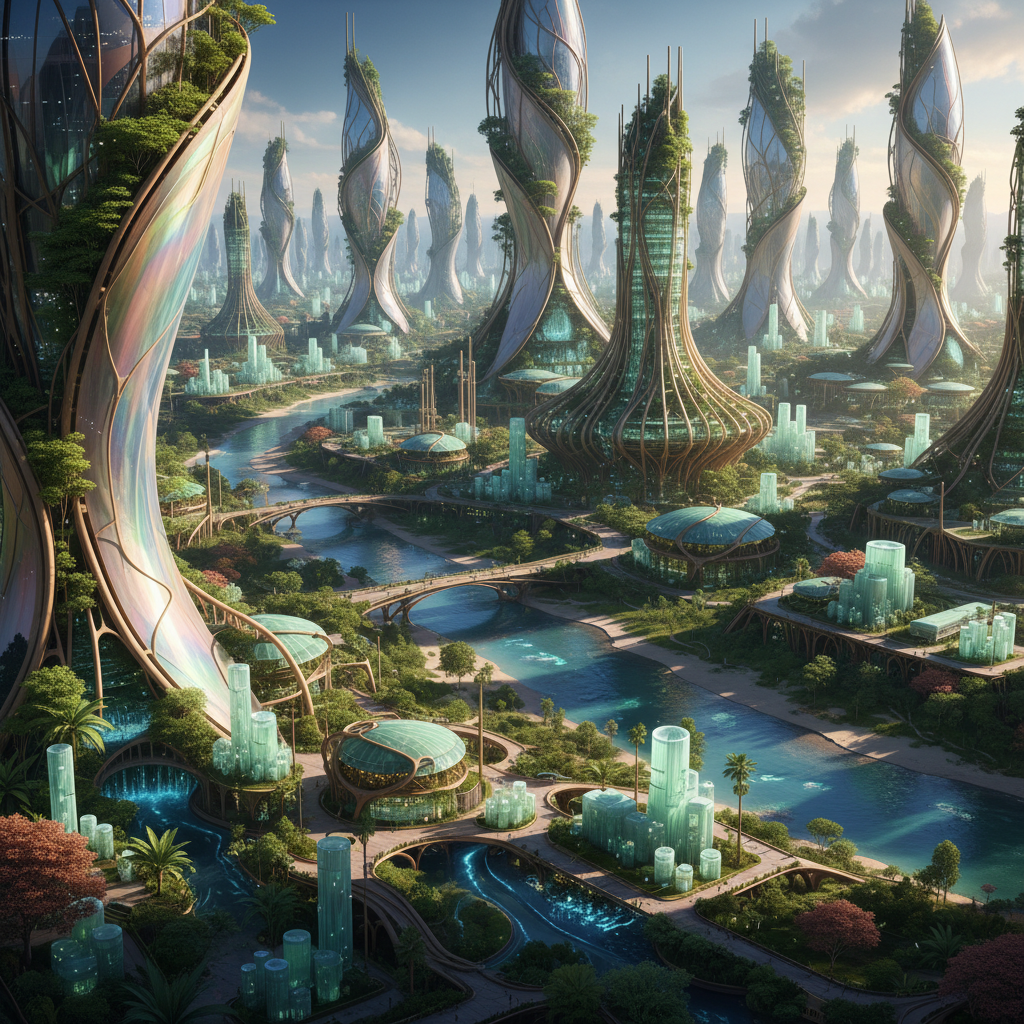 Uma visão futurista onde materiais sustentáveis, como o biomaterial à base de quitosana, se integram harmoniosamente ao ambiente, prometendo um futuro de menor impacto ambiental e maior durabilidade.