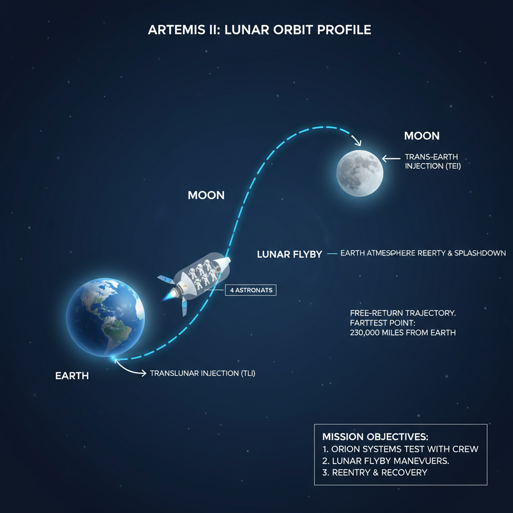 Diagrama esquemático da missão Artemis II, detalhando a trajetória da cápsula Orion ao redor da Lua e seu retorno à Terra, um voo de teste crucial para futuras explorações.
