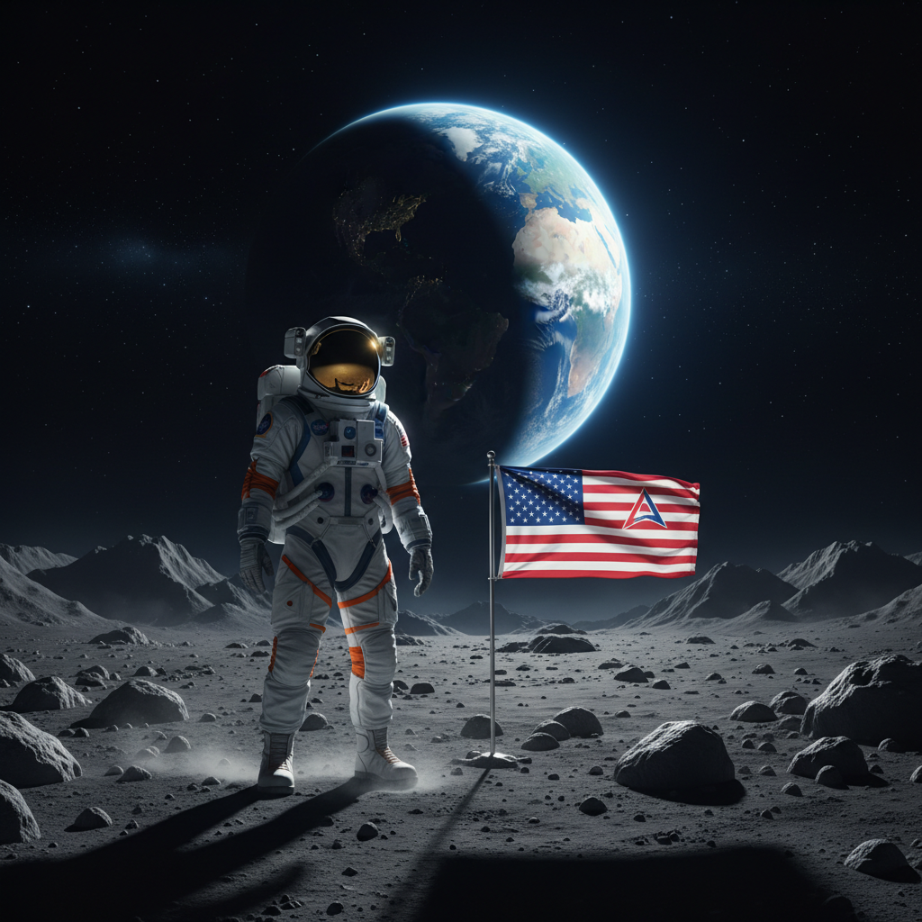 Um astronauta na superfície lunar, com a Terra visível ao fundo, simbolizando o retorno da humanidade à Lua e o legado da exploração espacial que se estende para o futuro.