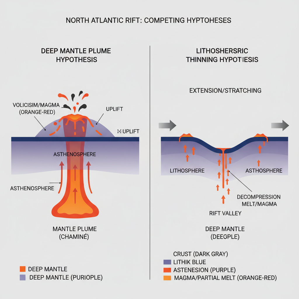Duas hipóteses principais explicam a efusão magmática no Atlântico: uma pluma de manto superquente (esquerda) ou o adelgaçamento da crosta terrestre (direita), impulsionado pela tectônica de placas.