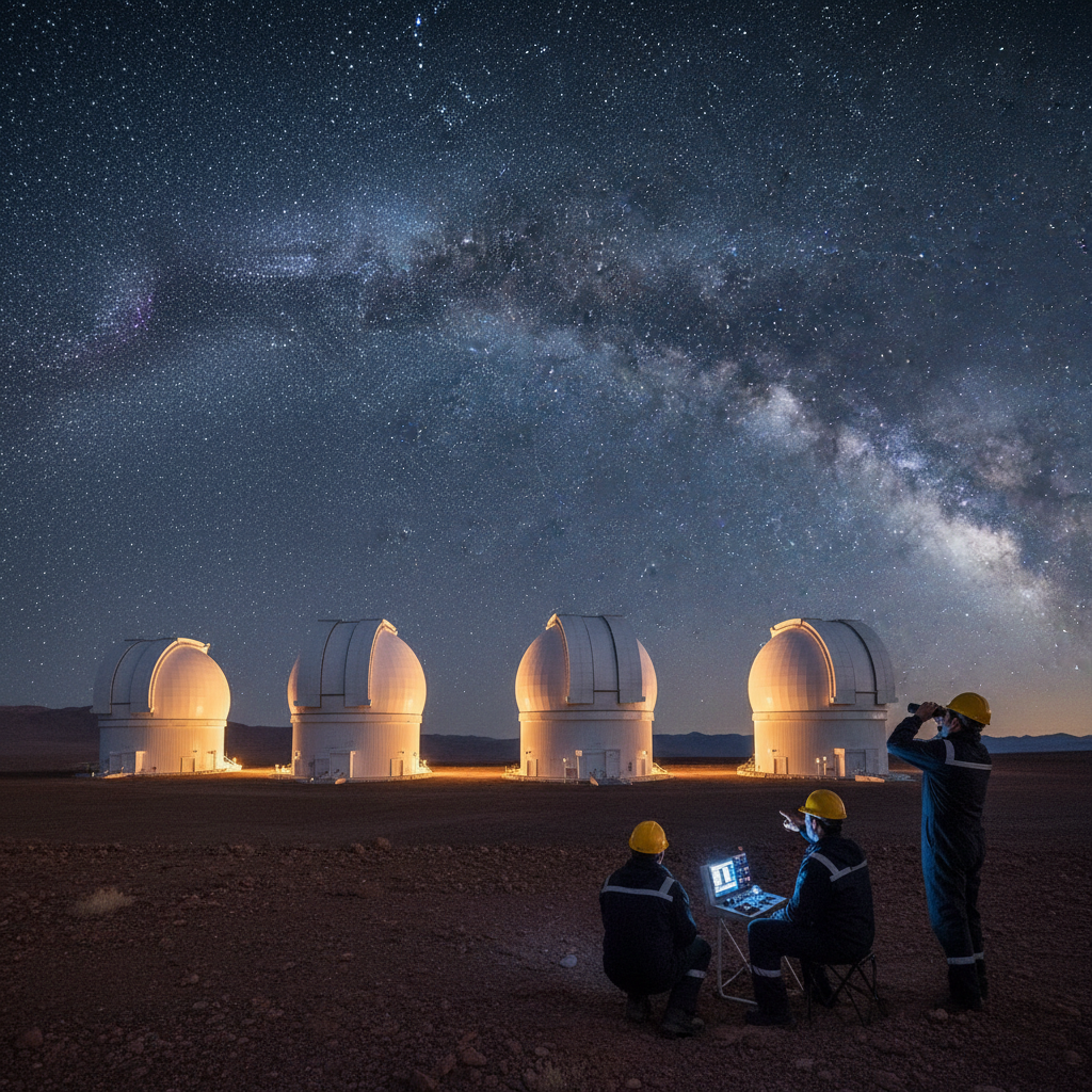 Telescópios da Agência Espacial Europeia (ESA) em um observatório terrestre, como o VLT no Deserto do Atacama, apontados para o céu noturno. Essas instalações são cruciais para a detecção e estudo de objetos como o 3I/ATLAS.