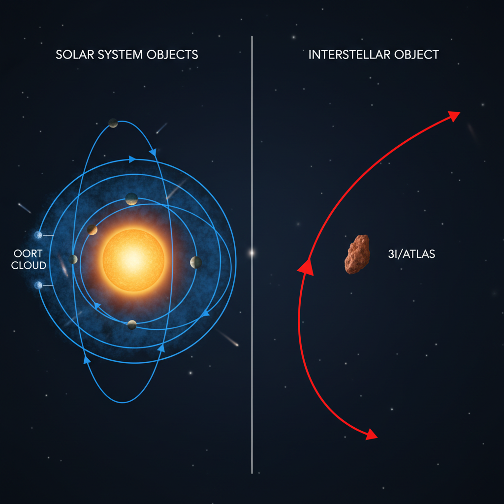 Diagrama comparativo que ilustra a diferença entre objetos gravitacionalmente ligados ao nosso Sol e a trajetória hiperbólica de um viajante interestelar como o 3I/ATLAS. Ele destaca a natureza não ligada desses visitantes cósmicos.