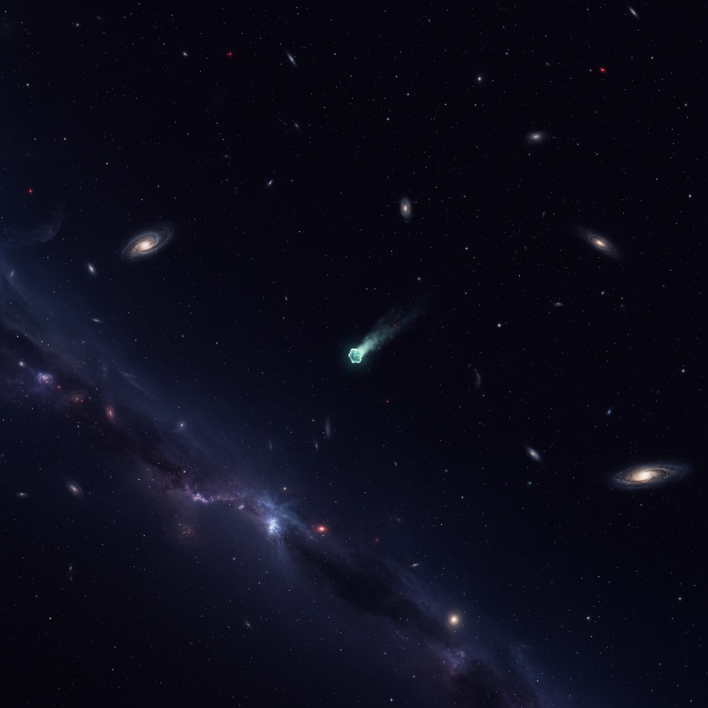 Uma visão impactante do vasto e profundo espaço interestelar, onde o 3I/ATLAS viajou por éons. Esta imagem evoca a grandiosidade do cosmos e a raridade de um encontro com um emissário de outro sistema estelar.