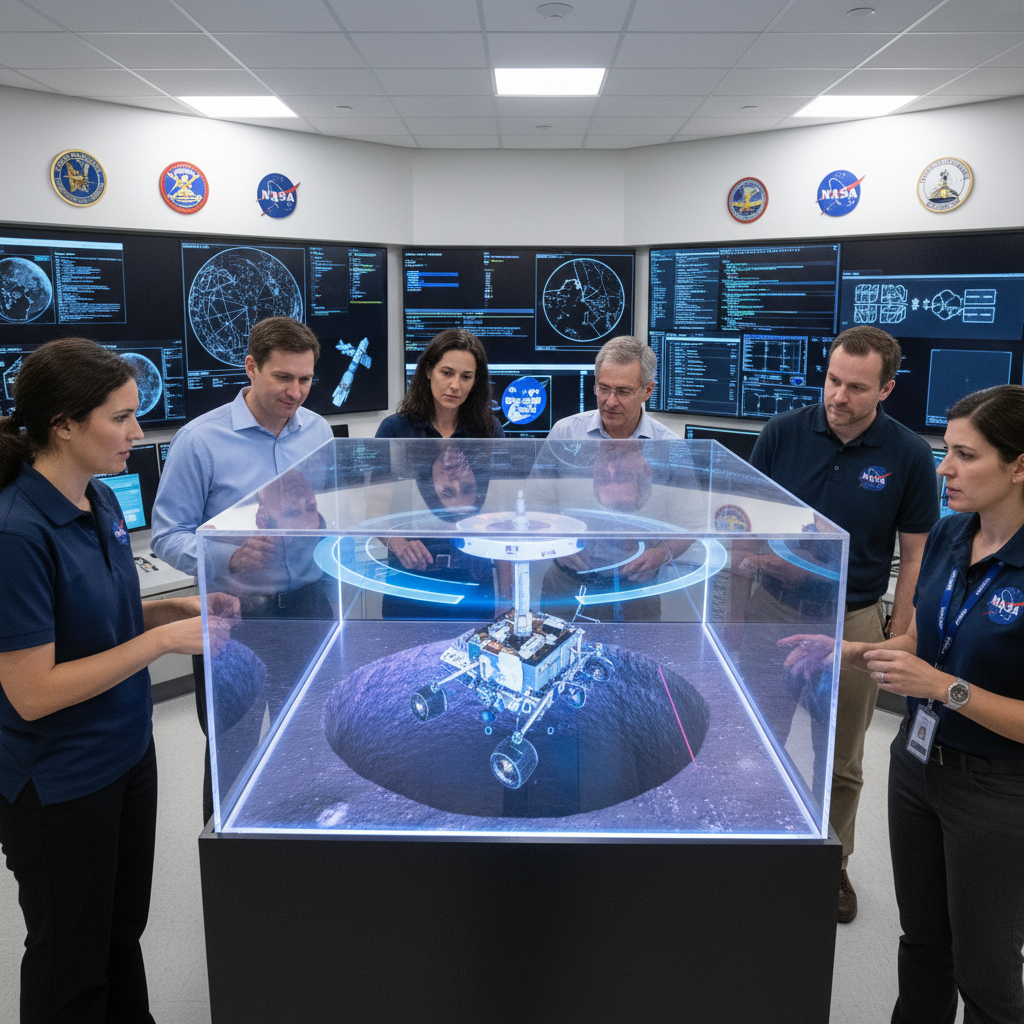 Cientistas da NASA, incluindo a investigadora principal Laura Kerber, discutem os detalhes técnicos da missão Moon Diver no Laboratório de Propulsão a Jato, planejando a descida inédita em abismos lunares.