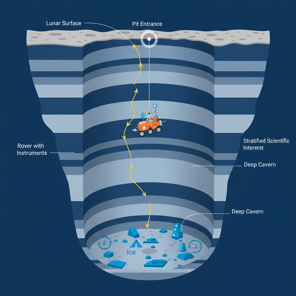 Este diagrama esquemático ilustra a ousada proposta da missão Moon Diver, detalhando como o rover descerá centenas de metros em um poço lunar para estudar a estratigrafia exposta.