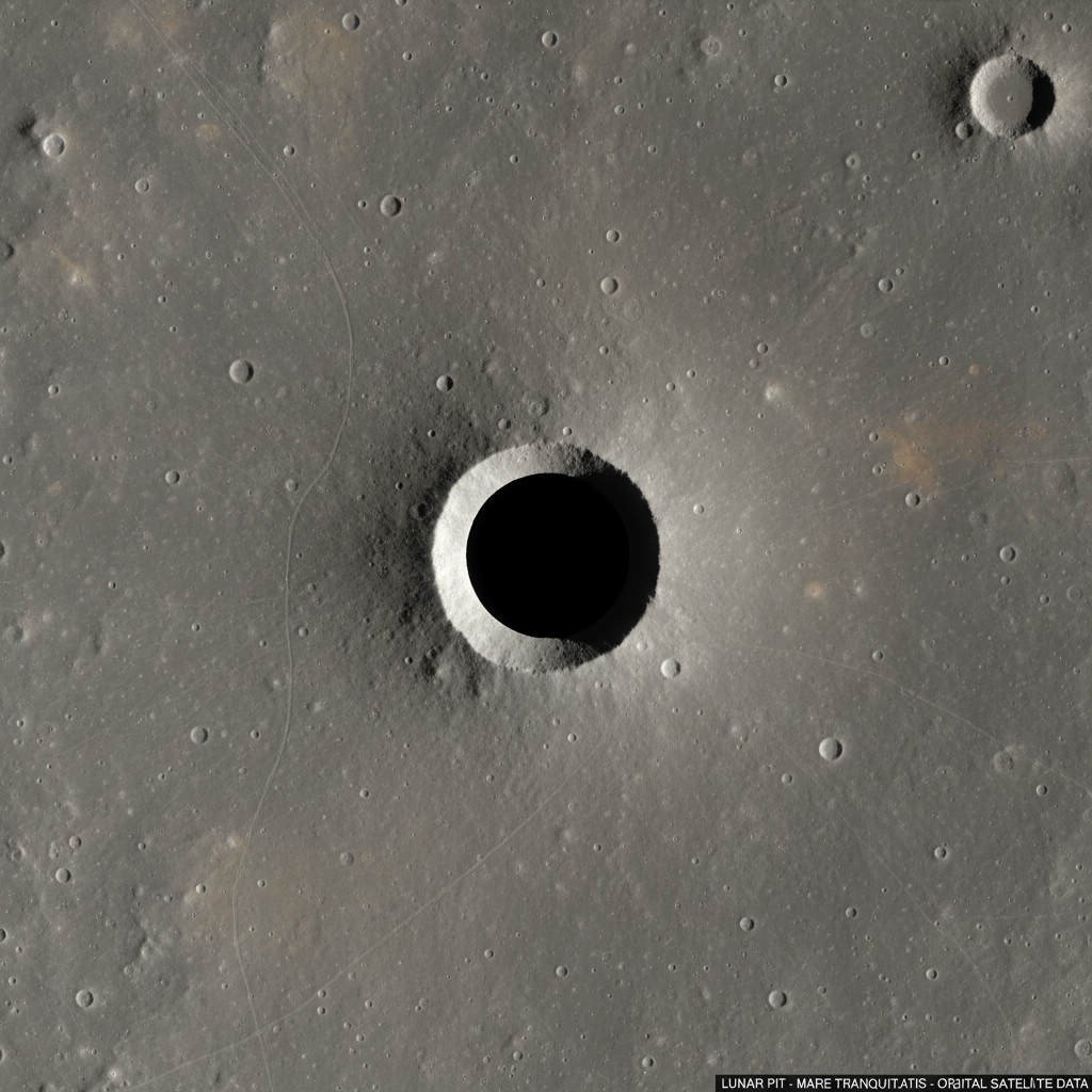 Uma vista aérea espetacular de um dos gigantescos poços lunares no Mar da Tranquilidade, revelando uma entrada escura que promete segredos geológicos profundos, intocados por bilhões de anos.