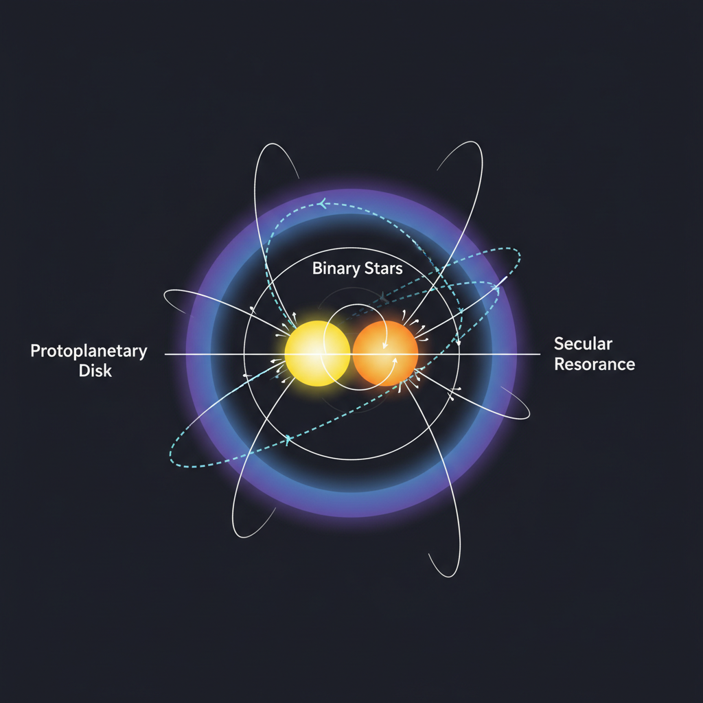 Este diagrama conceitual ilustra como a ressonância secular, uma armadilha gravitacional, pode perturbar drasticamente as órbitas de planetas em sistemas binários, levando à sua ejeção ou destruição.