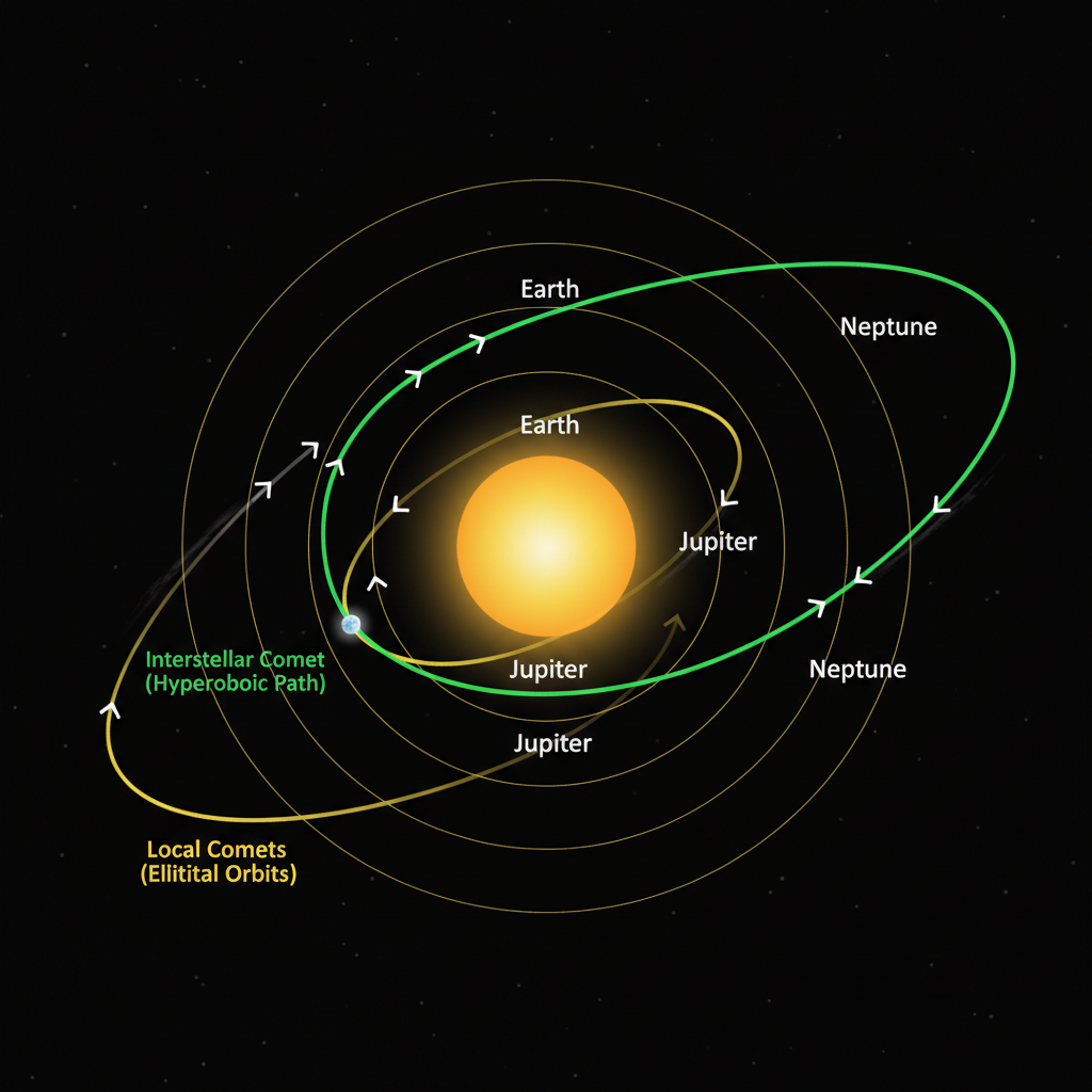 Este diagrama ilustra a trajetória hiperbólica de um cometa interestelar, como o 3I/ATLAS, que cruza nosso Sistema Solar sem ser capturado pela gravidade do Sol, um fenômeno raro e fascinante.