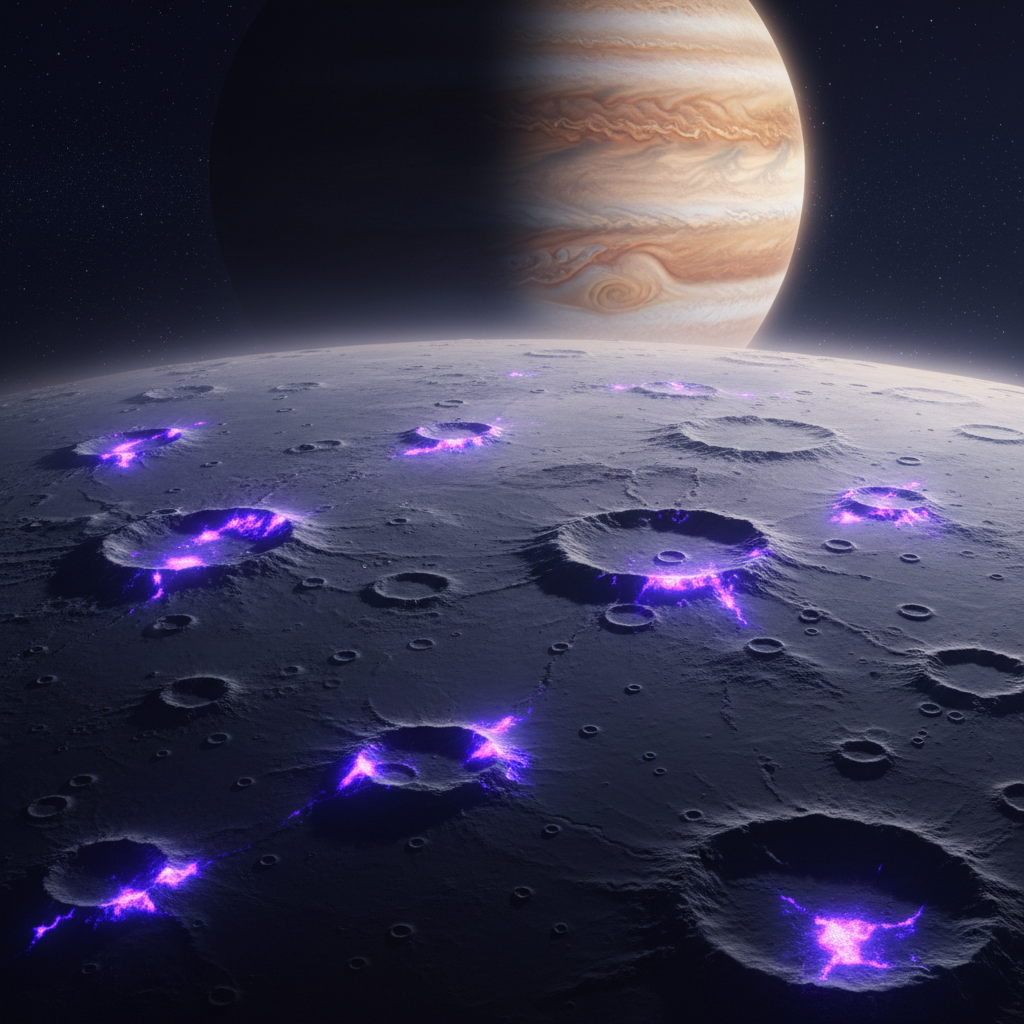 Pequenas e intensas 'manchas' aurorais, com cerca de 50 km de diâmetro, brilham na superfície de Ganimedes, reveladas por dados recentes da sonda Juno. Essas subestruturas fornecem novas pistas sobre a dinâmica magnética da lua.