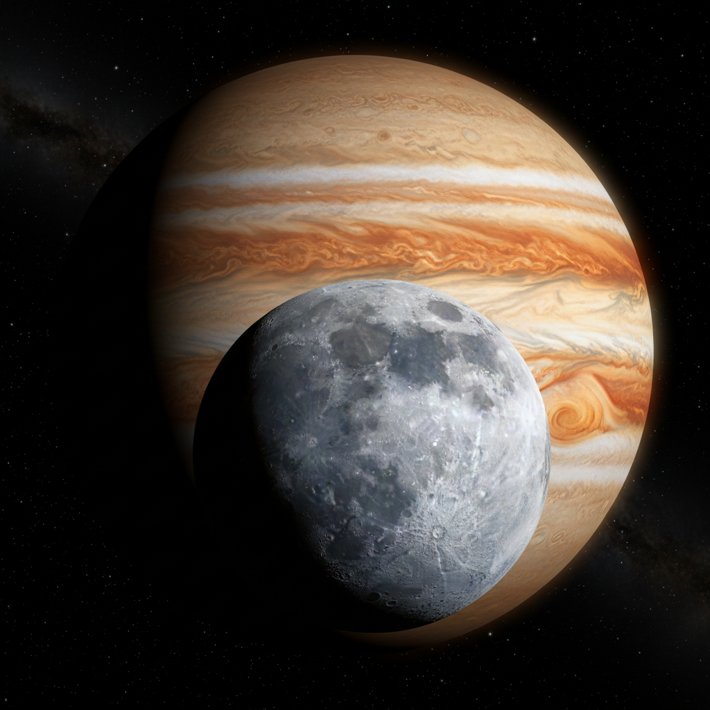 Ganimedes, a maior lua do Sistema Solar e a única com campo magnético próprio, orbita majestosamente o gigante gasoso Júpiter, um espetáculo de grandiosidade cósmica.