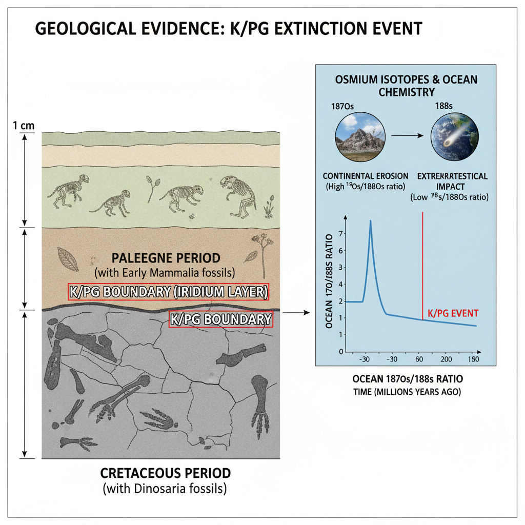 Um diagrama esquemático detalha o limite K/Pg, a camada de irídio que marca o impacto do asteroide, e a importância dos isótopos de ósmio para rastrear mudanças na química oceânica e a recuperação pós-cataclismo.