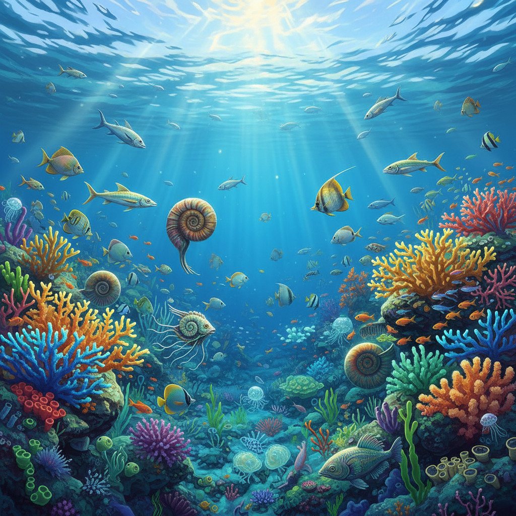 Milhões de anos após o impacto, a vida marinha demonstra sua incrível resiliência, com novos ecossistemas florescendo e a biodiversidade se recuperando lentamente nas águas do Paleogeno.