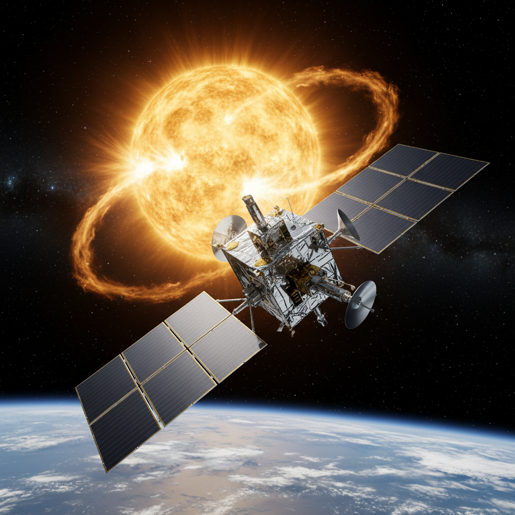 Instrumentos avançados em órbita, como este observatório solar, são fundamentais para coletar os dados que alimentam os modelos preditivos de IA. Eles monitoram constantemente a atividade solar, fornecendo uma visão sem precedentes da nossa estrela.