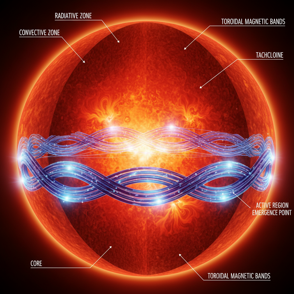 Este diagrama ilustra as 'bandas toroidais' magnéticas no interior do Sol, onde se agrupam as regiões ativas que dão origem às tempestades solares. A compreensão desses padrões é a chave para a previsão de longo prazo.