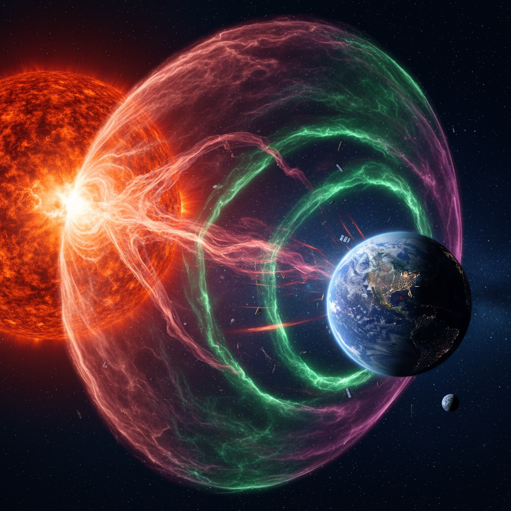 Uma poderosa ejeção de massa coronal (CME) se aproxima da Terra, ilustrando o impacto potencial das tempestades solares em nossa infraestrutura tecnológica. A previsão antecipada é vital para proteger redes elétricas e satélites.