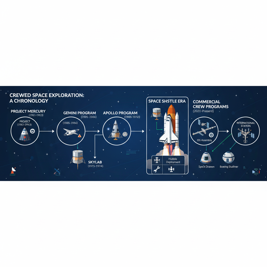Um diagrama esquemático que traça a evolução da exploração espacial tripulada, desde o Projeto Mercury até as missões comerciais atuais, destacando marcos e desafios históricos.