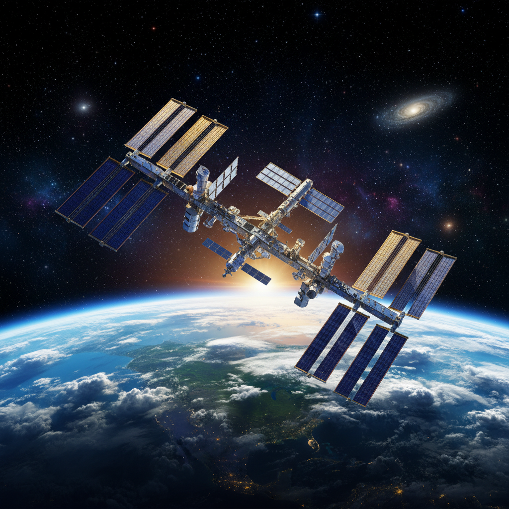 A Estação Espacial Internacional (ISS) em órbita sobre a Terra, uma maravilha da engenharia humana que simboliza a audácia e a complexidade da exploração espacial tripulada.