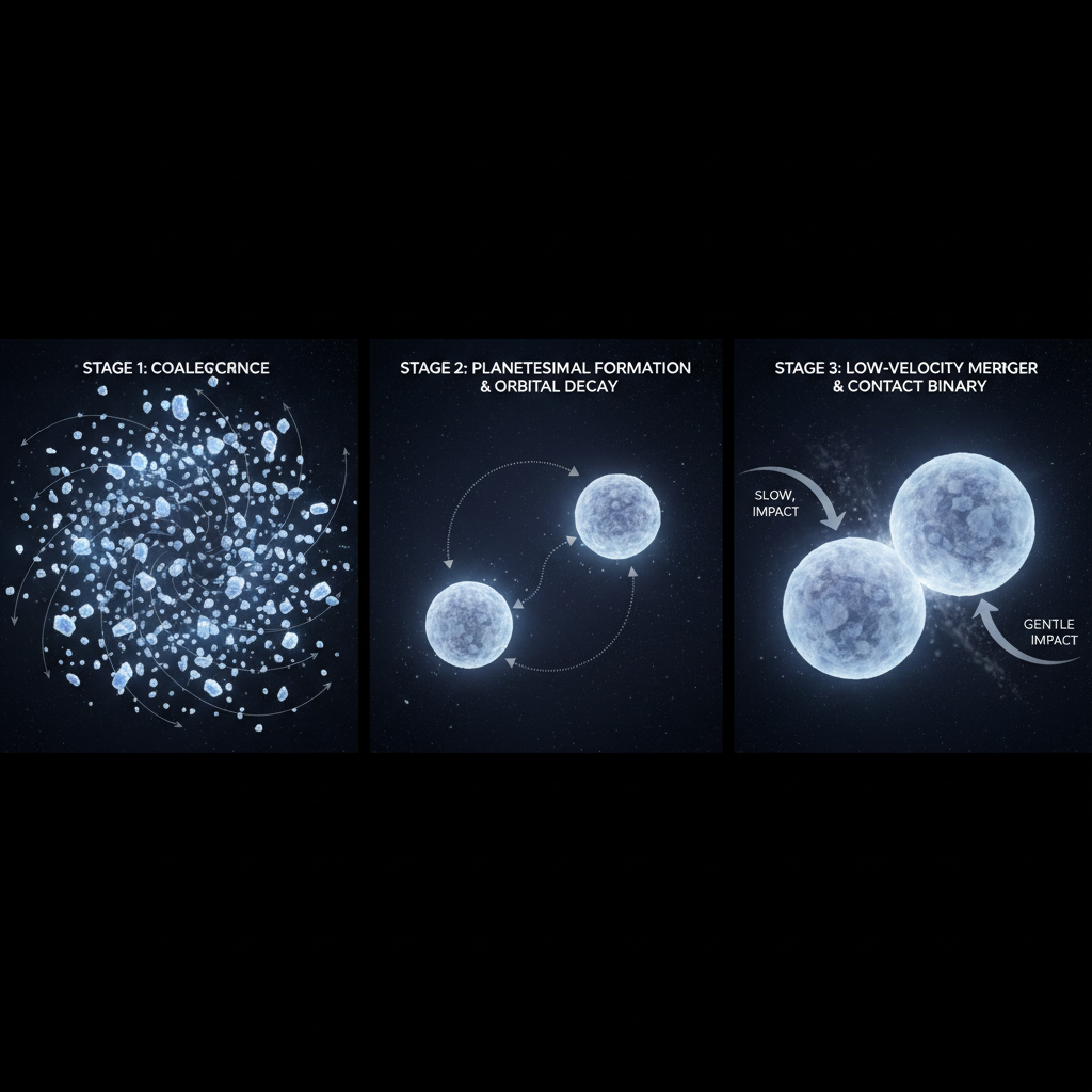 Diagrama esquemático que ilustra o processo de formação de um binário de contato, onde dois planetesimais se unem suavemente em um ambiente de baixa velocidade, um conceito chave para entender os 'bonecos de neve' cósmicos.