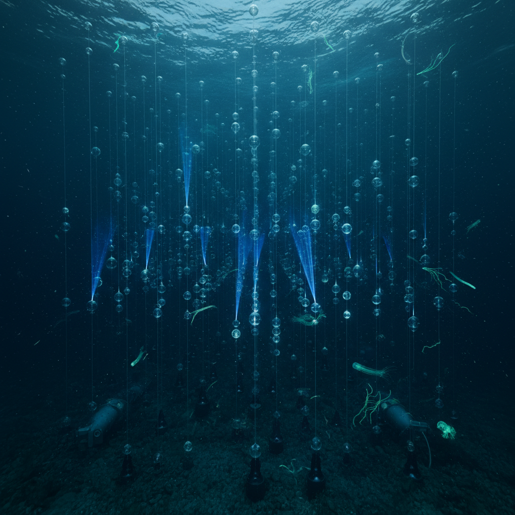 As profundezas do Mar Mediterrâneo abrigam o KM3NeT, um observatório submarino que detecta neutrinos de alta energia através dos flashes de luz Cherenkov que eles produzem na água.