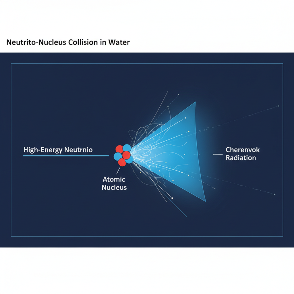 Diagrama ilustrando como um neutrino de alta energia, ao colidir com um núcleo atômico na água, gera um cone de luz azulada conhecido como radiação Cherenkov.