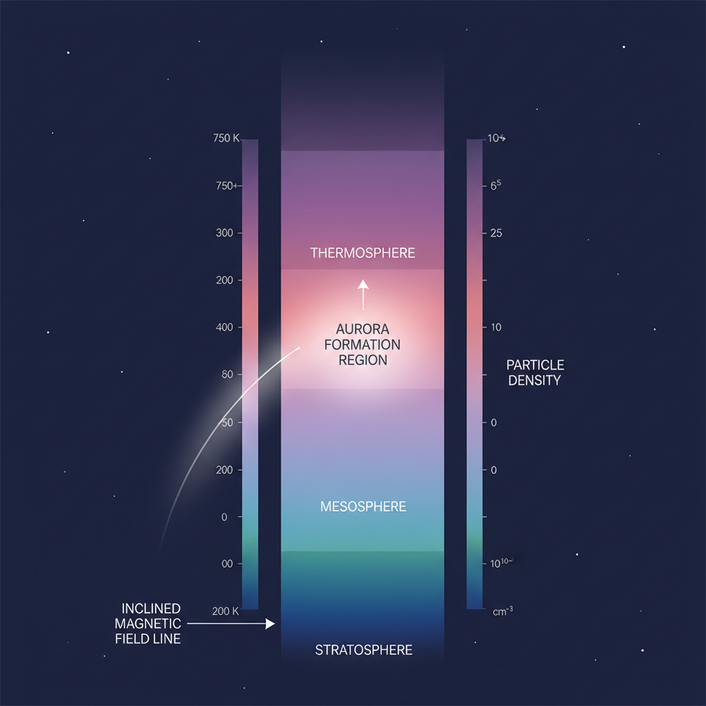 Diagrama esquemático detalhando a estrutura vertical da alta atmosfera de Urano, revelando como a temperatura e as partículas carregadas variam com a altitude. A representação destaca as camadas atmosféricas e a formação das auroras.