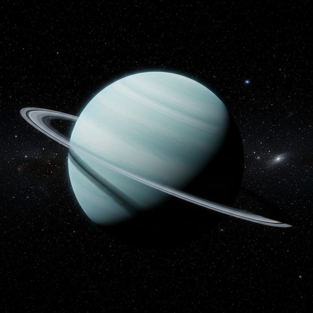 Urano, o gigante gelado, é retratado em sua característica inclinação extrema, um espetáculo cósmico que o diferencia dos demais planetas. Sua atmosfera azul-esverdeada e anéis tênues convidam à exploração de seus mistérios.