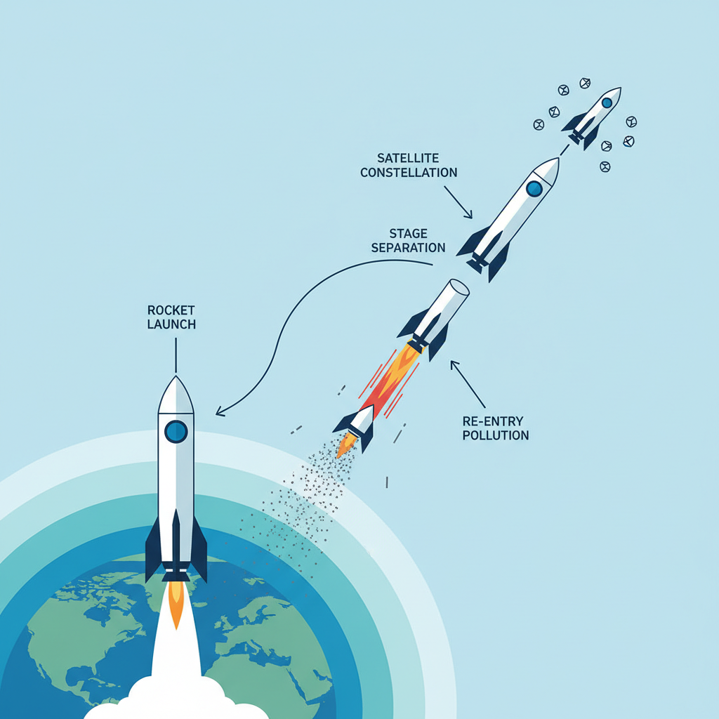 Diagrama esquemático ilustra o ciclo de vida de um foguete de múltiplos estágios, desde o lançamento e separação até a reentrada atmosférica, destacando a emissão de poluentes. A imagem contextualiza o impacto ambiental da crescente atividade espacial.