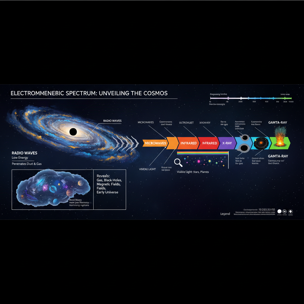 Diagrama esquemático que ilustra o espectro eletromagnético, destacando como as ondas de rádio revelam aspectos do universo invisíveis à luz óptica. Cada banda de frequência oferece uma janela única para diferentes processos cósmicos.