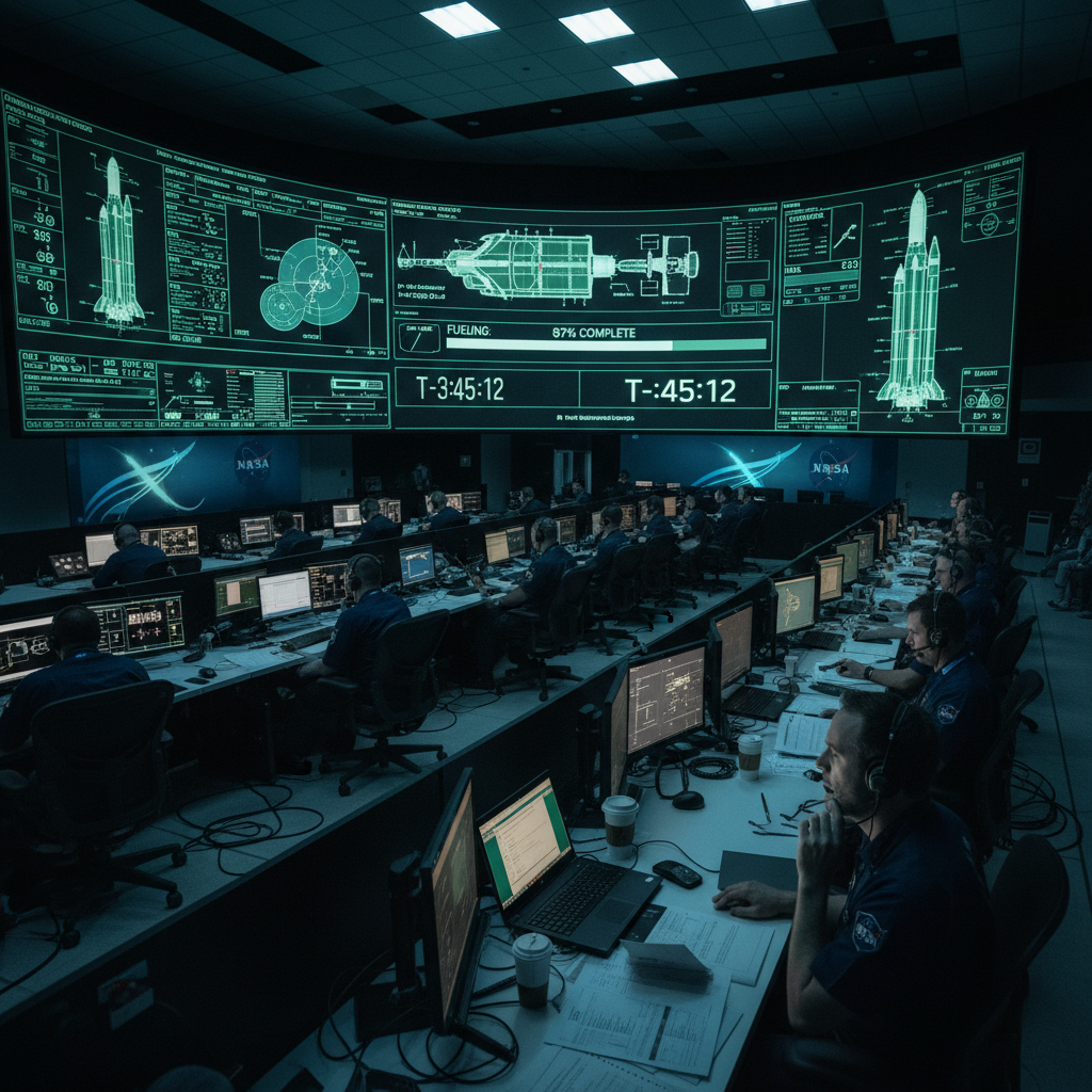Engenheiros e técnicos monitoram atentamente os dados em tempo real no centro de controle da missão, um ambiente de alta tensão durante o teste de abastecimento do foguete SLS para a Artemis II.