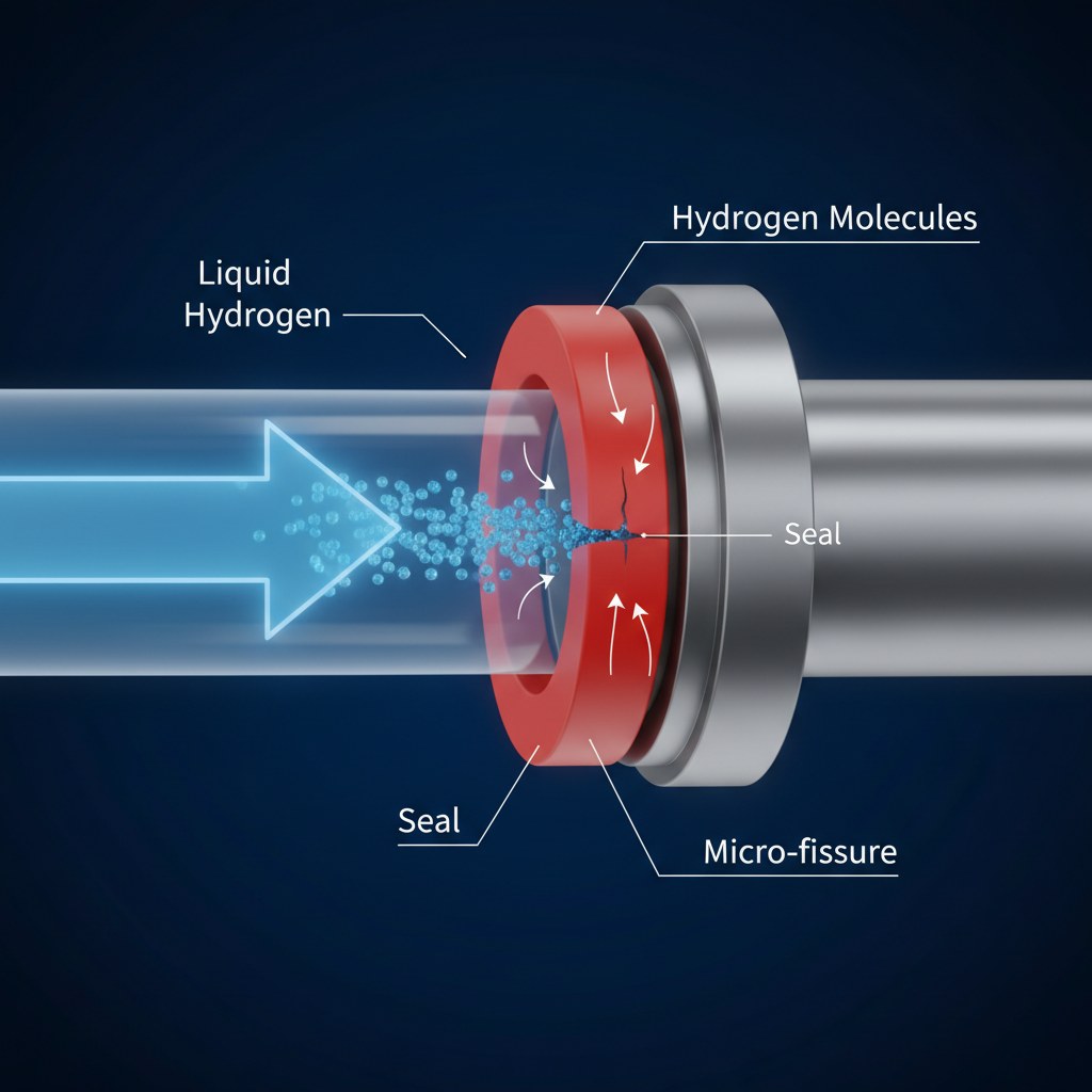 Este diagrama esquemático detalha como as minúsculas moléculas de hidrogênio líquido podem vazar através de micro-imperfeições em selos e conexões, um desafio persistente na engenharia criogênica.