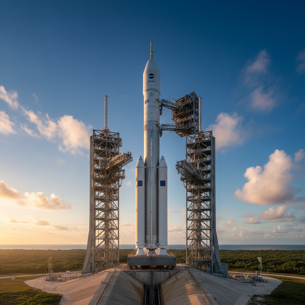 O colossal foguete Space Launch System (SLS) se ergue imponente contra o céu da Flórida, um símbolo da ambição humana e da promessa de redefinir a exploração lunar com a missão Artemis II.