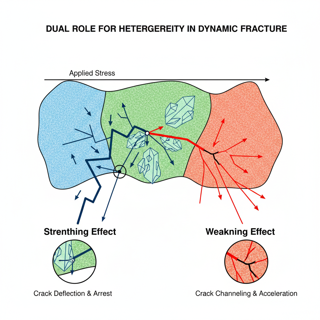 Este diagrama conceitual detalha o duplo papel da heterogeneidade: como ela pode tanto desviar e fortalecer um material contra rachaduras quanto, em certas condições, acelerar sua propagação.