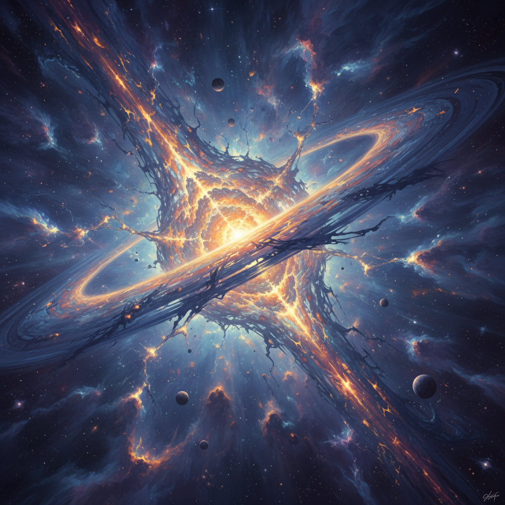 Uma visão grandiosa da matéria cósmica, onde 'rachaduras' e imperfeições revelam complexidade e beleza, simbolizando a intrincada relação entre estrutura e falha em escalas universais.