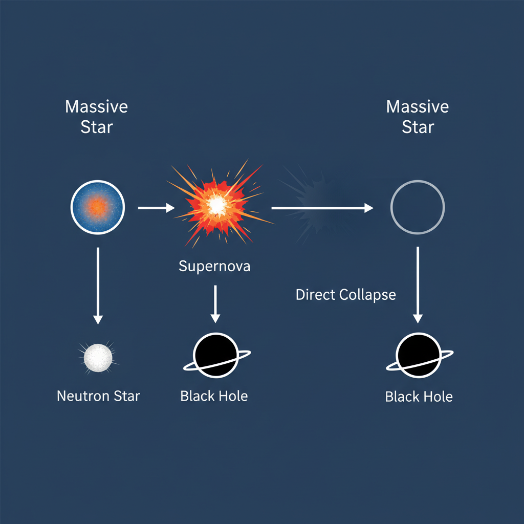 Diagrama comparativo ilustrando os dois principais destinos de estrelas massivas: a explosão em supernova, ou o colapso direto em um buraco negro, como o recém-observado em Andrômeda.