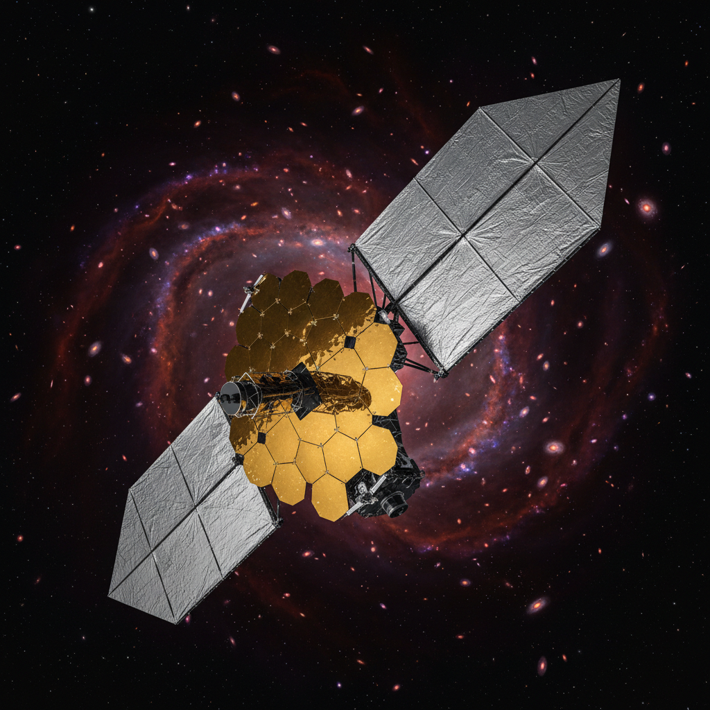 O Telescópio Espacial James Webb (JWST) flutua no espaço profundo, com seus espelhos dourados apontados para as profundezas do cosmos. Sua capacidade de observar o universo em infravermelho permite desvendar segredos de galáxias distantes e do universo primordial.