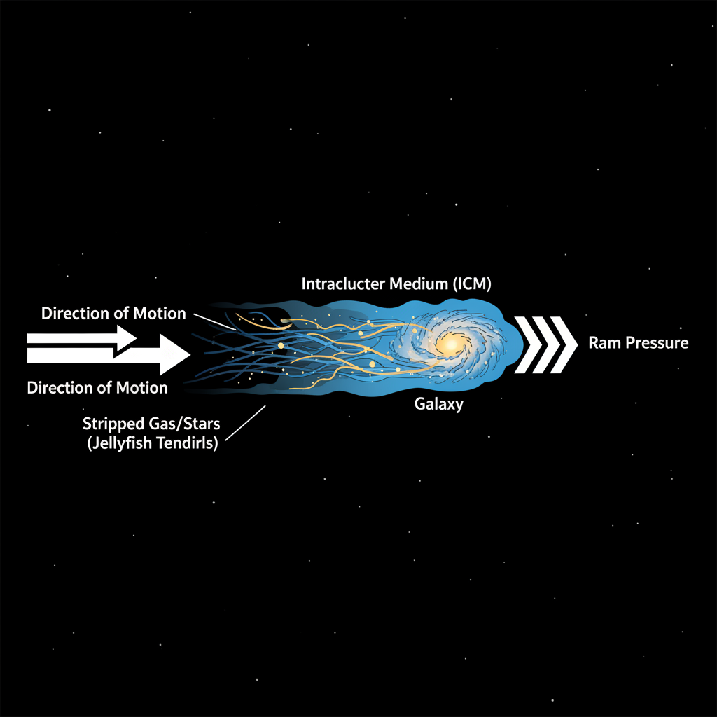 Este diagrama ilustra o 'despojamento por pressão de arrasto', o mecanismo por trás das galáxias-água-viva. Uma galáxia em movimento rápido através do gás quente de um aglomerado tem seu material gasoso arrancado, formando longos tentáculos.