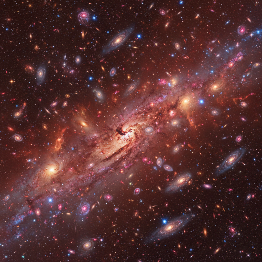 Um aglomerado de galáxias no universo jovem, um ambiente cósmico denso onde a gravidade e as interações moldam a evolução galáctica. Esta imagem captura a grandiosidade e a turbulência das primeiras eras do cosmos.