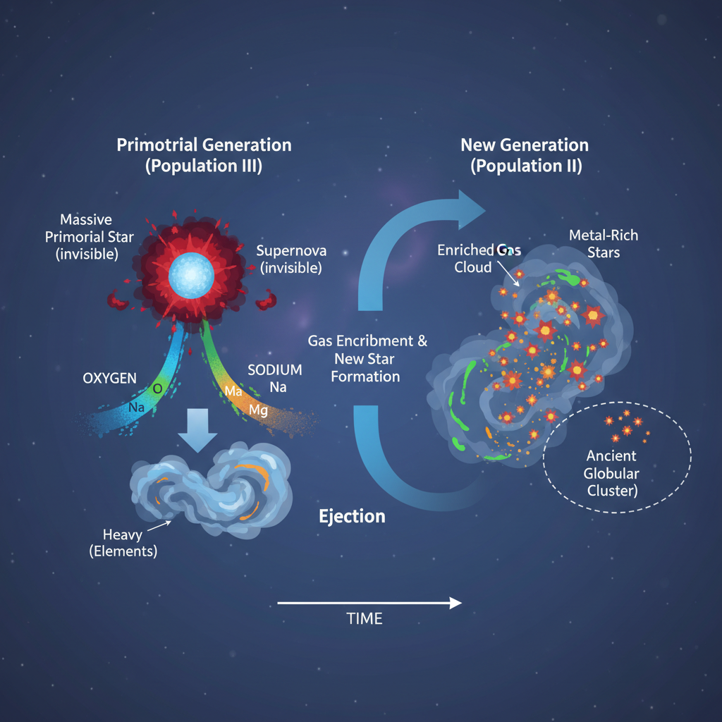 Diagrama esquemático que ilustra como as primeiras estrelas gigantes enriqueceram o gás primordial com elementos pesados, permitindo o nascimento de gerações estelares subsequentes com composições químicas complexas em aglomerados globulares.