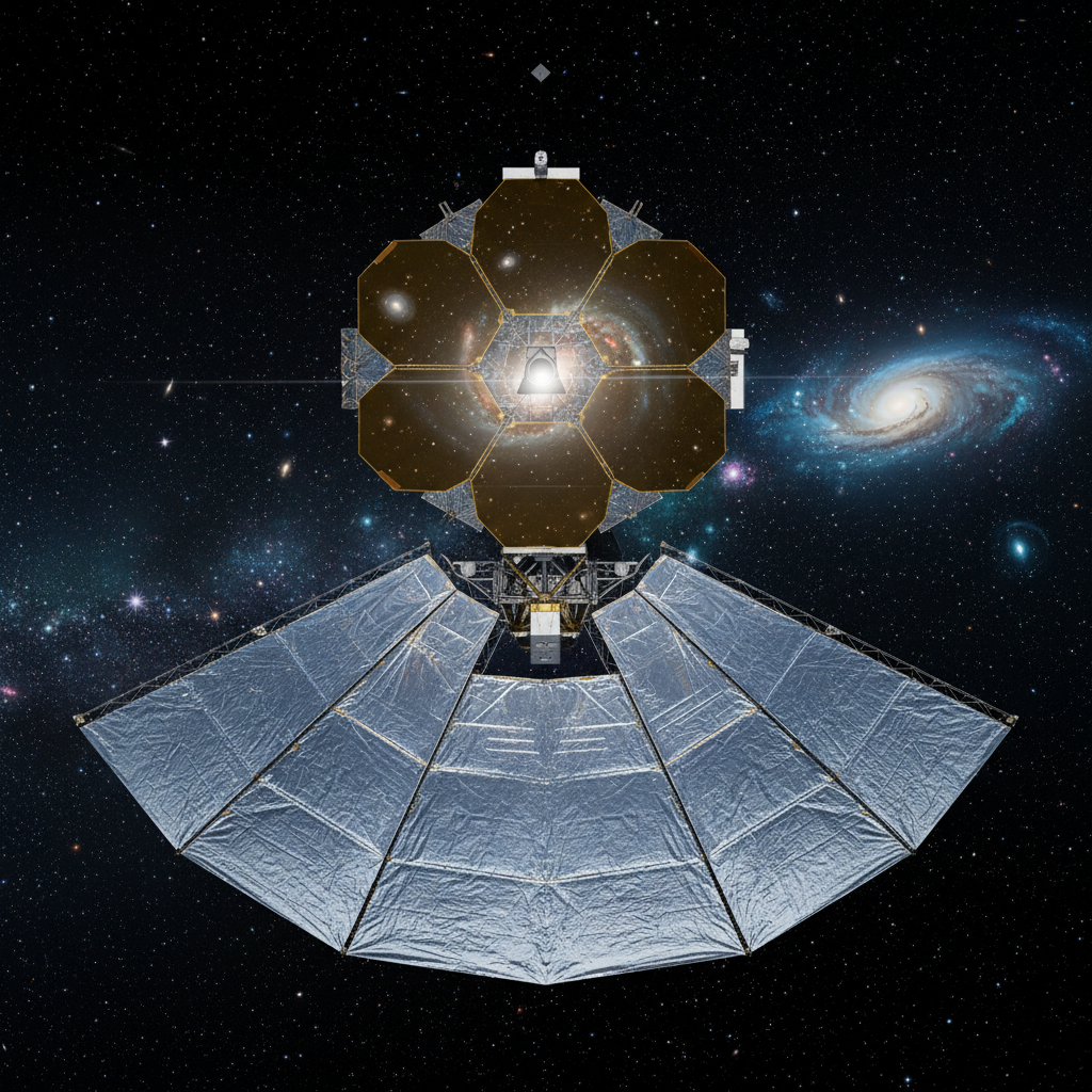 O Telescópio Espacial James Webb (JWST) em órbita, uma maravilha da engenharia moderna que permite aos cientistas sondar os cantos mais distantes e escuros do universo. Instrumentos como este são cruciais para a detecção de galáxias escuras e a compreensão da matéria escura.