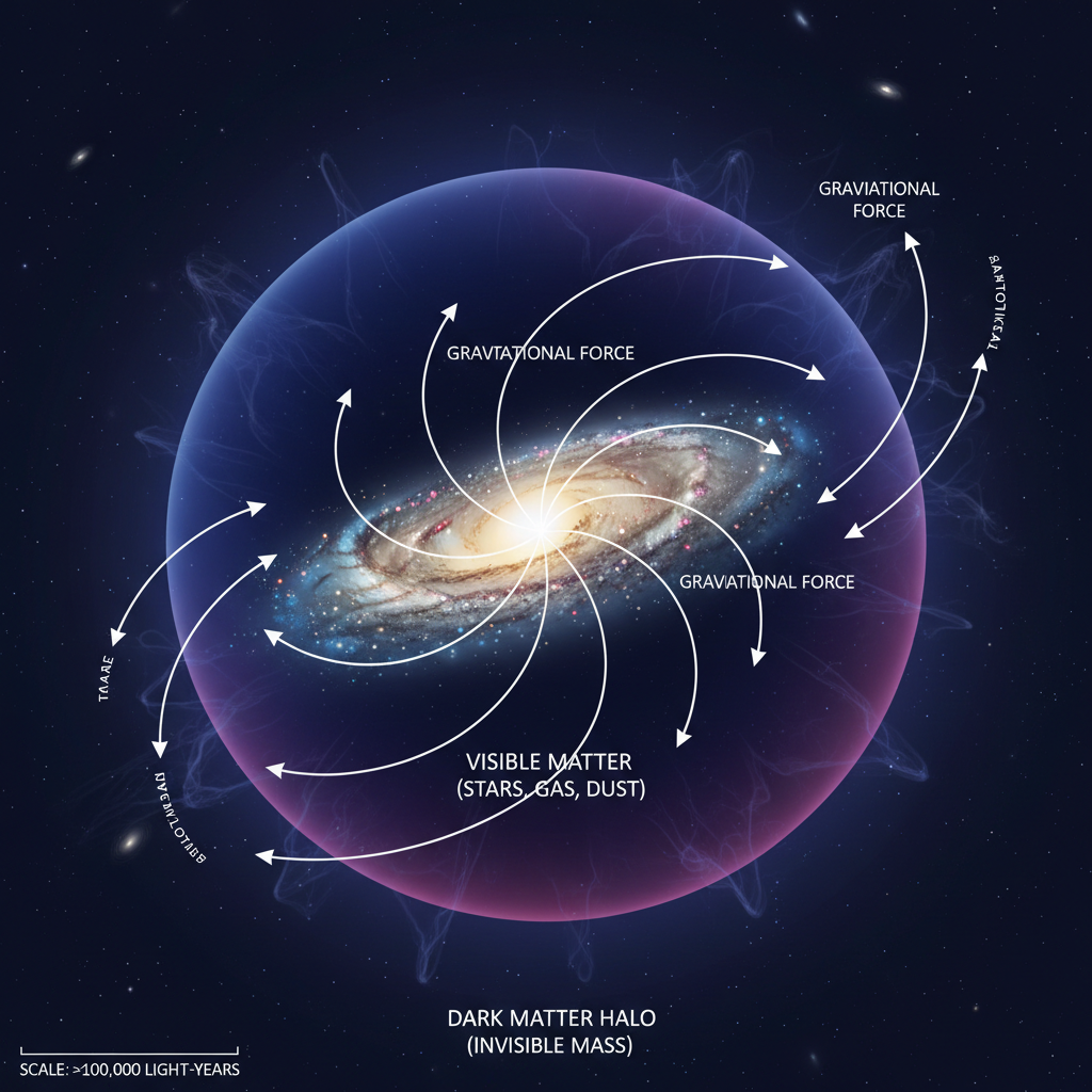 Diagrama esquemático que ilustra a distribuição da matéria escura (em azul e roxo translúcido) em torno de uma galáxia visível. Esta representação explica como a matéria escura, embora invisível, domina a massa e a dinâmica gravitacional das galáxias, um conceito fundamental para a existência de galáxias escuras.