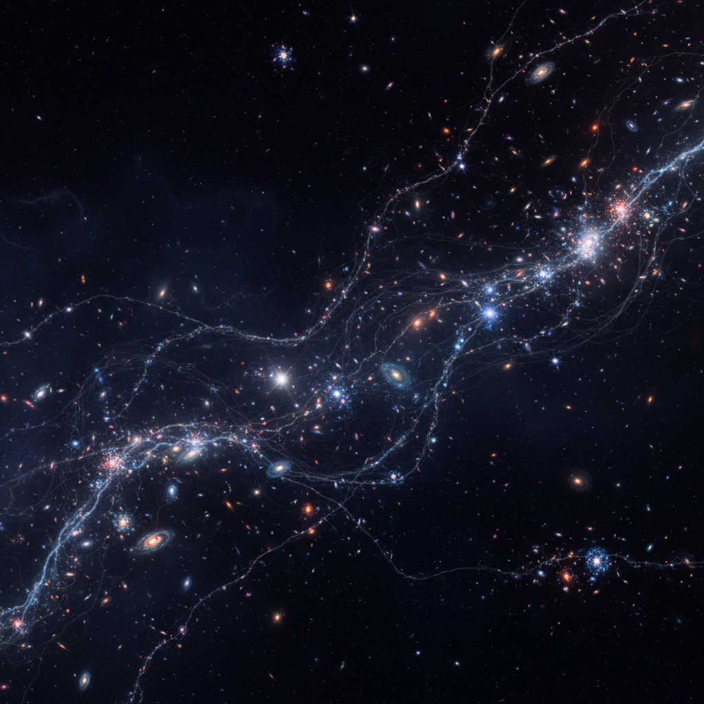 Uma visão panorâmica da teia cósmica, revelando a grandiosidade da estrutura em larga escala do universo, onde galáxias se agrupam em filamentos cósmicos. Esta imagem de impacto visual captura a vastidão e o mistério do cosmos, o palco onde galáxias escuras aguardam ser descobertas.