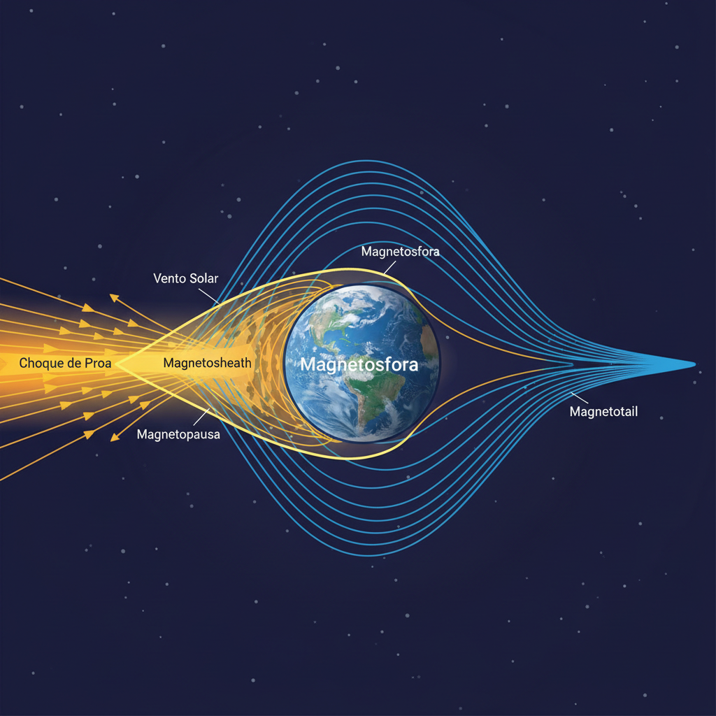 Este diagrama ilustra a complexa interação entre o campo magnético da Terra e o vento solar, mostrando as principais regiões da magnetosfera que nos protegem no espaço.