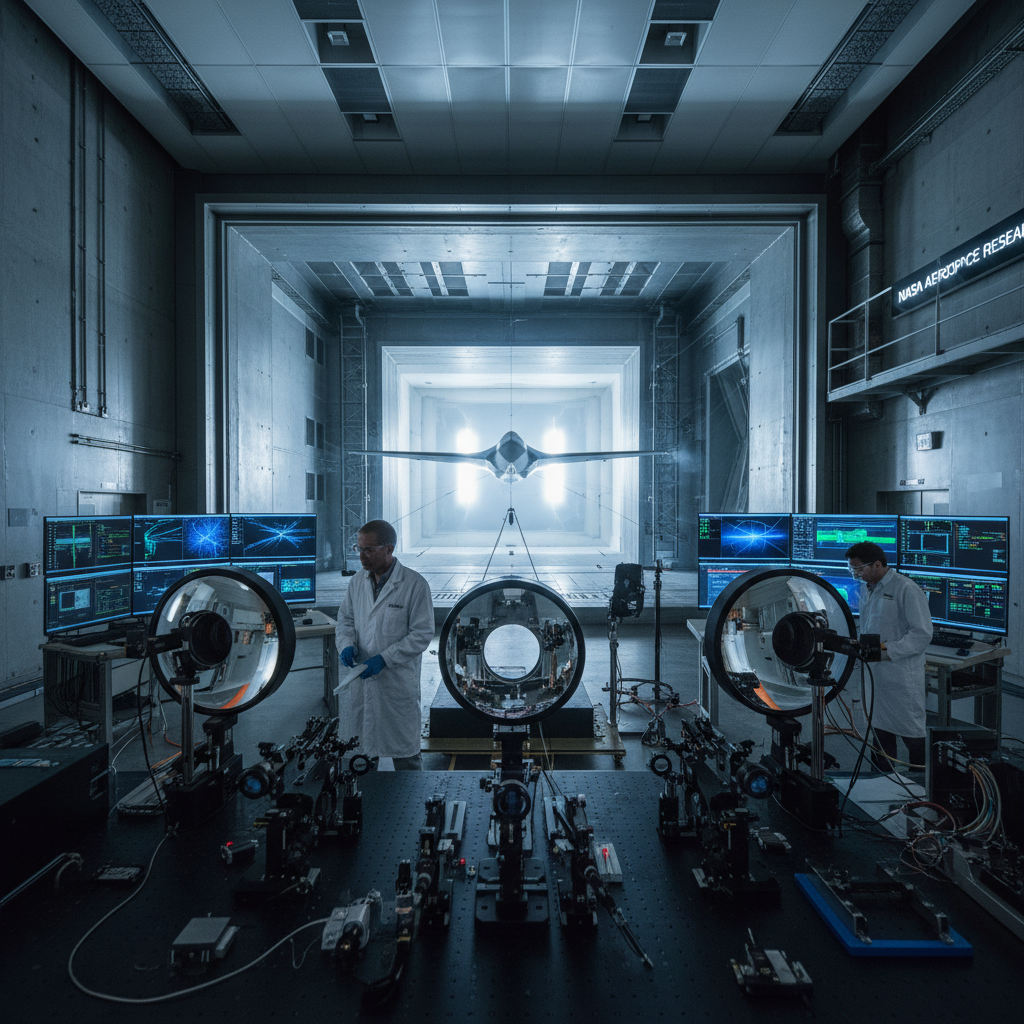 Engenheiros da NASA trabalham em um túnel de vento de última geração, preparando um experimento para desvendar os mistérios do fluxo de ar com o revolucionário sistema schlieren.